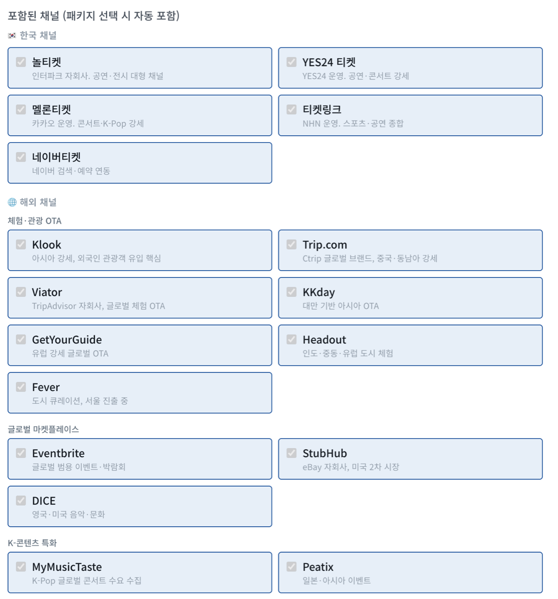 The channel selection screen in the TixPass console — pick up to 17 channels at once (example)